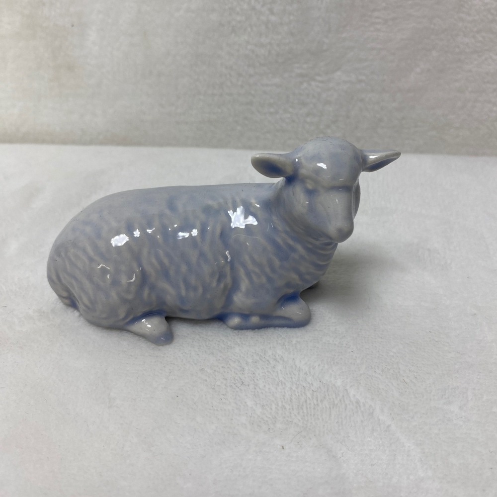 VTG '76 Holland Mold Ceramic Lamb Lying Blue Glaze Christmas Nativity Religious